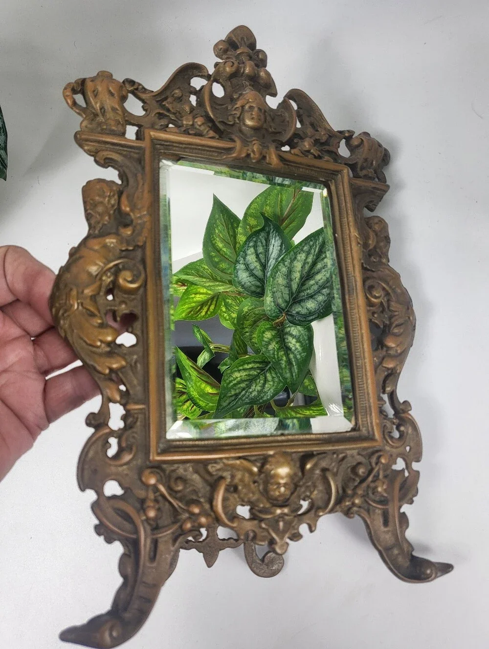 Antique Brass Mirror w/Easel- Late 19th Century High Relief Bacchus Mask Baroque